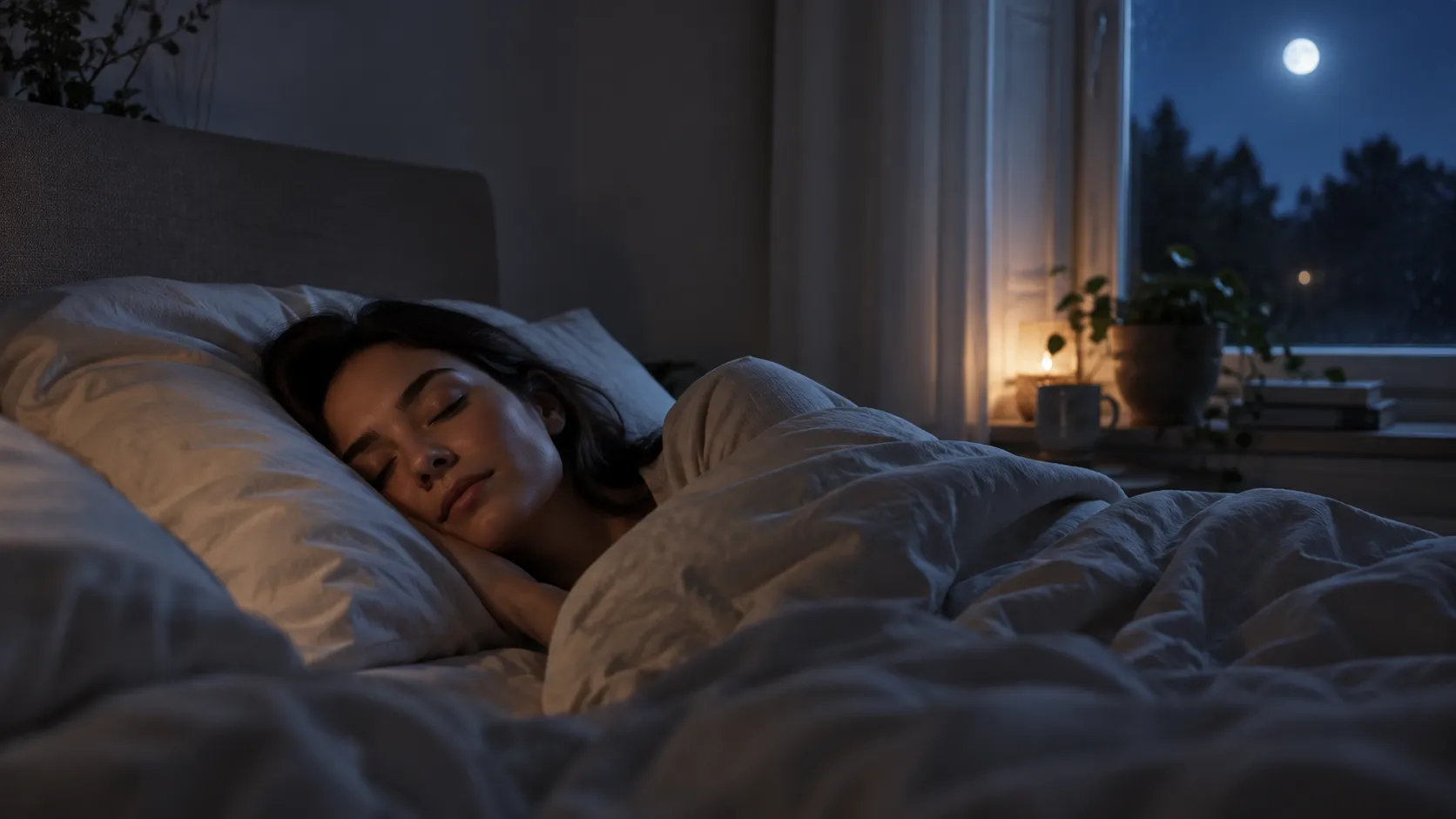 Woman sleeping peacefully beside a moonlit window in a quiet bedroom at night.