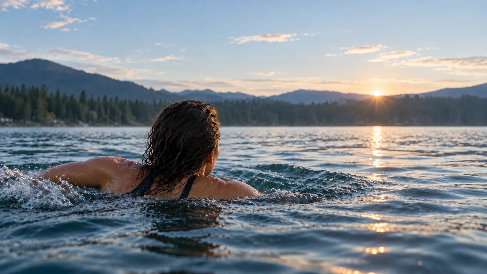 Woman swimming away from the camera across a calm lake at sunrise, with mountains in the distance.