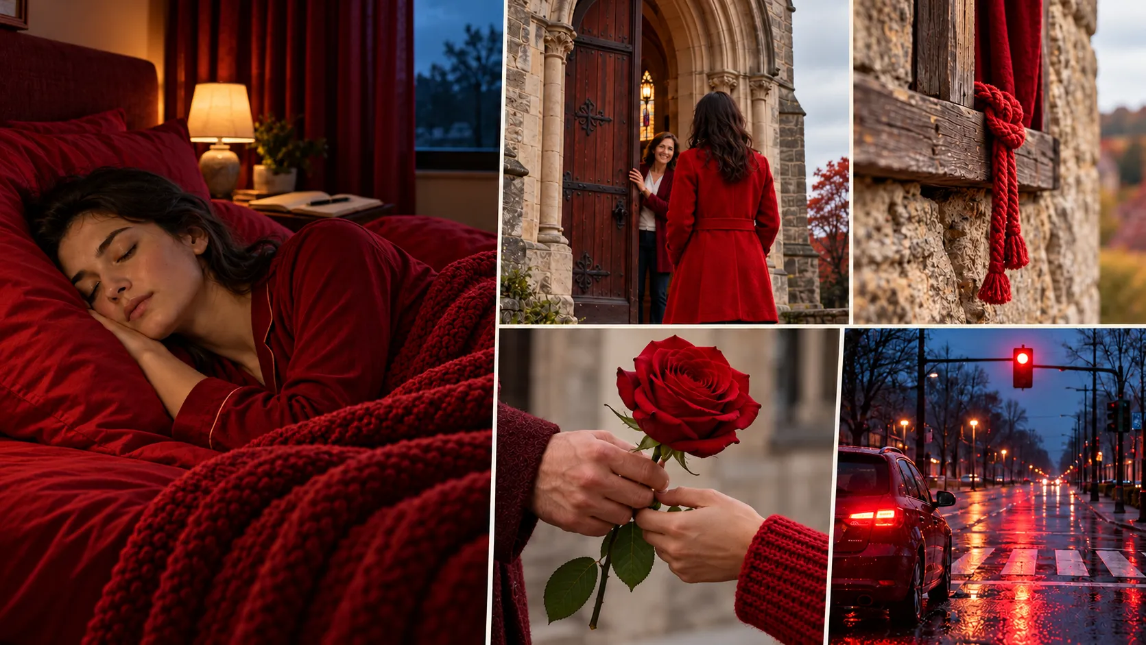 Collage of a sleeping woman, red coat at church, scarlet cord, rose, and red traffic light at night.