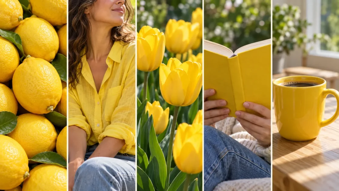 Collage of yellow lemons, a woman in a yellow blouse, yellow tulips, a yellow book, and a yellow coffee mug.