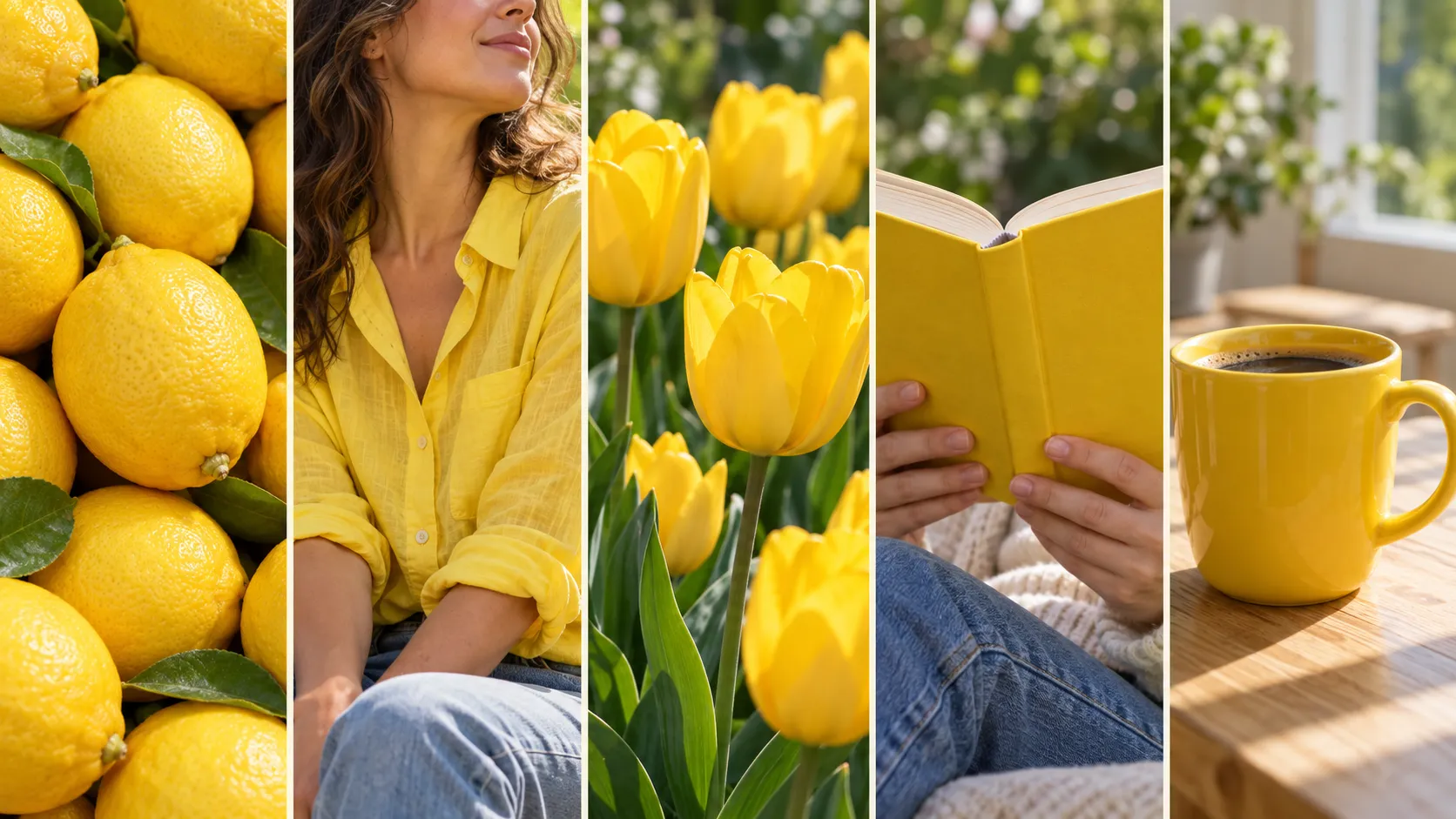 Collage of yellow lemons, a woman in a yellow blouse, yellow tulips, a yellow book, and a yellow coffee mug.
