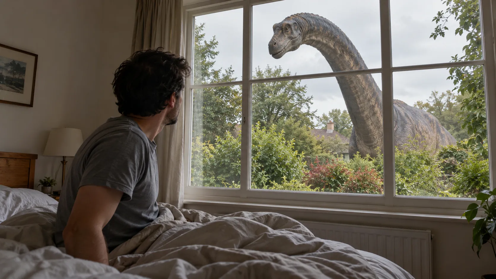 Man in bed gazes at a long-necked dinosaur outside his bedroom window in a vivid dinosaur dream.