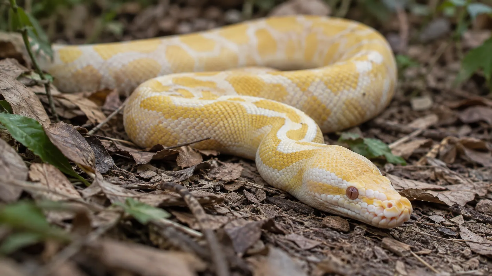 Yellow snake resting on dry leaves, its head and scales in focus against a blurred forest background